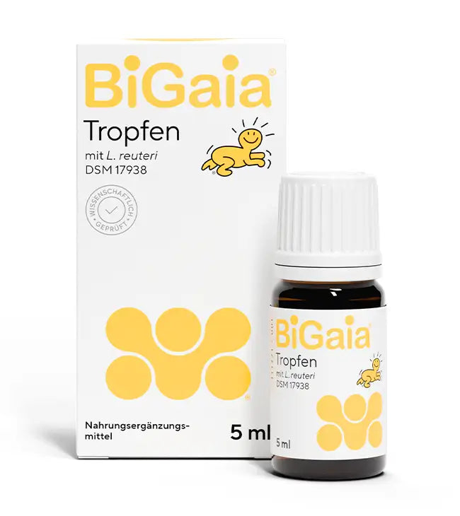 Frontansicht der BiGaia Tropfen Verpackung und des 5 ml Fläschchens mit dem Logo eines lachenden Babys. Produktbezeichnung: BiGaia Tropfen mit L. reuteri DSM 17938.