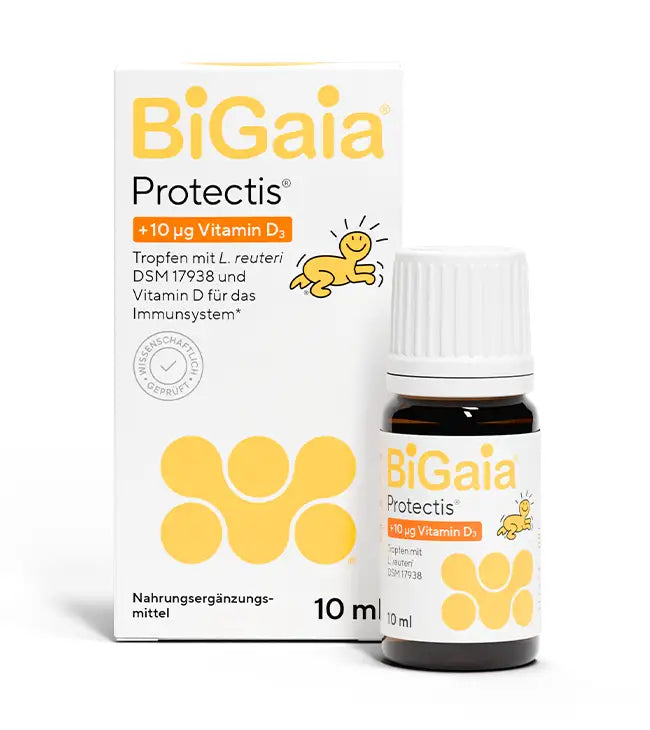 Produktpackung und Flasche der BiGaia Protectis Tropfen mit 10 µg Vitamin D3, 10 ml Inhalt.