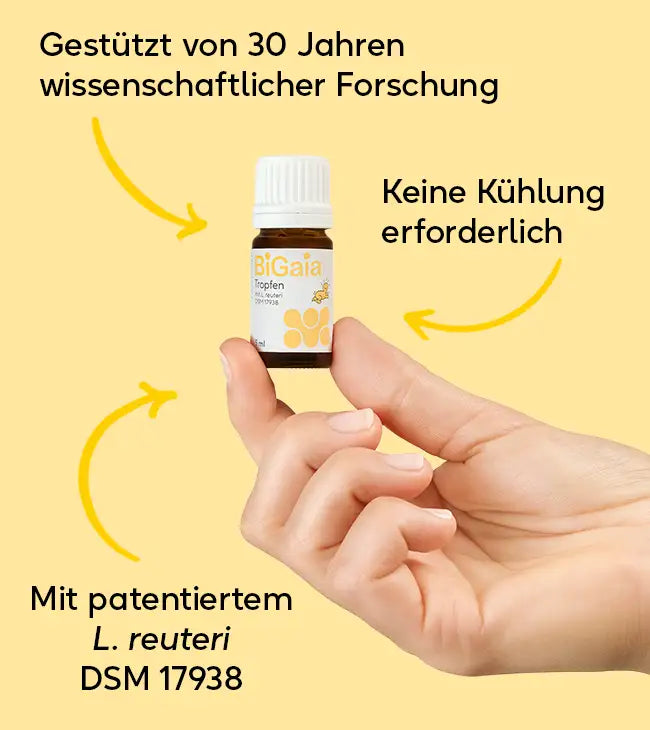 Eine Hand hält das kleine BiGaia Fläschchen. Text-Highlights: Gestützt von 30 Jahren wissenschaftlicher Forschung, keine Kühlung erforderlich, mit patentiertem L. reuteri DSM 17938.