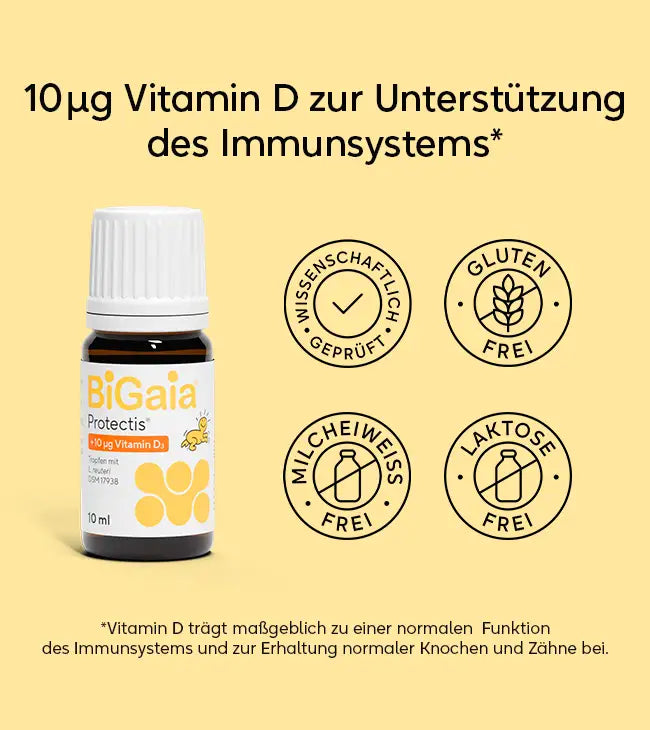 Infografik zu BiGaia Protectis Tropfen: 10 µg Vitamin D zur Unterstützung des Immunsystems; Symbole für wissenschaftlich geprüft, glutenfrei, milcheiweißfrei und laktosefrei.