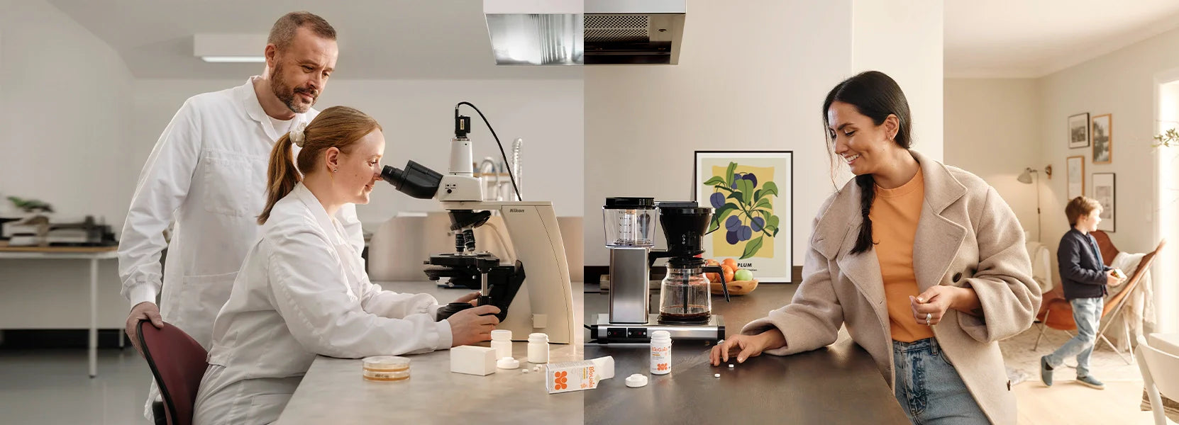 Collagen-Banner: Links Wissenschaftler im Labor am Mikroskop, rechts eine Frau in der Küche bei der Einnahme von BiGaia Tabletten.