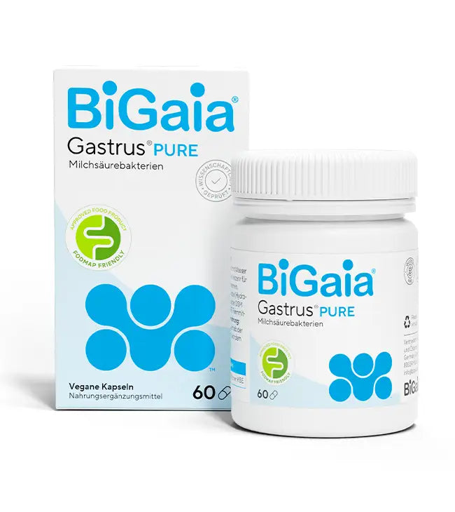 Produktansicht von BiGaia Gastrus PURE: Weiße Faltschachtel und Kunststoffdose mit 60 veganen Kapseln.