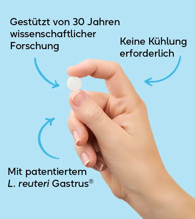Nahaufnahme einer Hand, die eine kleine weiße BiGaia Gastrus Tablette hält. Text dazu: Gestützt von 30 Jahren wissenschaftlicher Forschung, keine Kühlung erforderlich und mit patentiertem L. reuteri Gastrus.