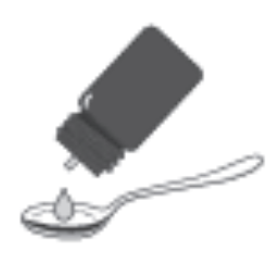 Illustration einer dunklen Flasche, aus der Flüssigkeit auf einen Löffel getropft wird.