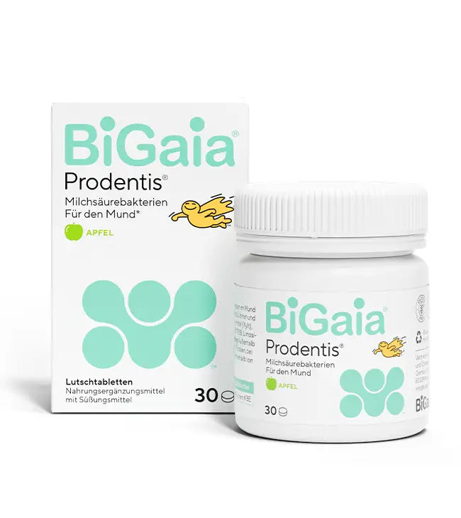 Produktansicht: Weiße Faltschachtel und Dose von BiGaia Prodentis Milchsäurebakterien für den Mund mit Apfelgeschmack.