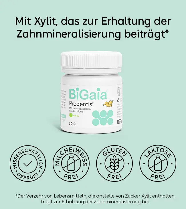BiGaia Prodentis Dose mit Icons für: wissenschaftlich geprüft, milcheiweißfrei, glutenfrei und laktosefrei. Text: Mit Xylit, das zur Erhaltung der Zahnmineralisierung beiträgt