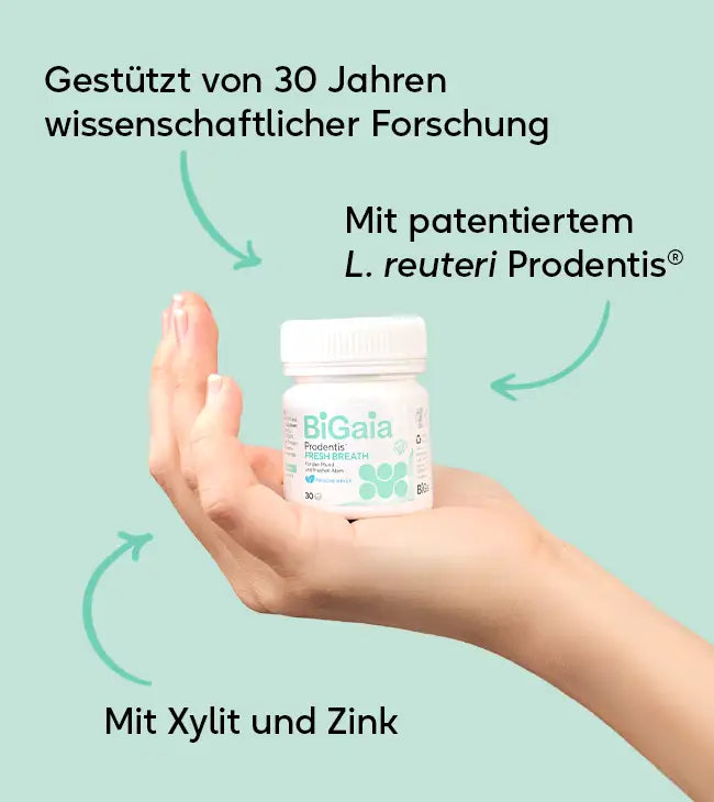 Eine Hand präsentiert die BiGaia Dose. Grafische Pfeile weisen auf die Vorteile hin: Gestützt von 30 Jahren wissenschaftlicher Forschung, mit patentiertem L. reuteri Prodentis, Xylit und Zink.
